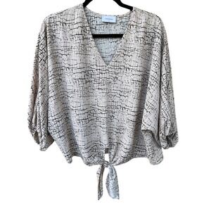 ADRIENNE Abstract Print V Neck Tie Front Dolman Sleeve Blouse Women's Size S
